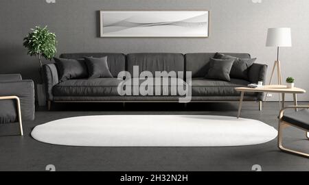 Alfombra interior ovalada blanca en blanco en el burlete de la habitación, vista frontal Foto de stock