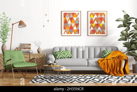Diseño interior moderno de sala de estar con sofá gris, mesitas de café, cómoda, lámpara de pie y sillón verde contra la pared blanca 3D renderizado Foto de stock