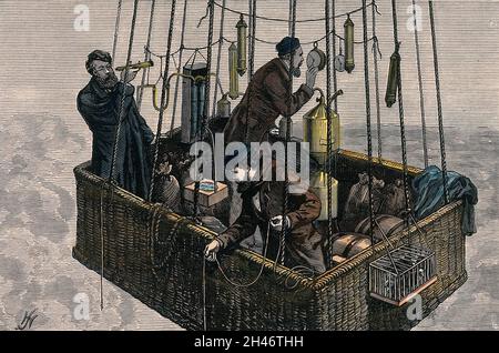 El ascenso del globo 'Zenith' por encima de las nubes con sus tres ocupantes (Crocé-Spinelli, Tissandier y SIVEL) realizando operaciones, 1875. Grabado de madera de color. Foto de stock