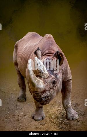 un rinoceronte que se prepara para cargar sobre un fondo gris