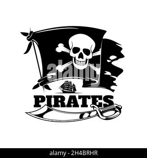 Bandera pirata, cráneo y vector de barco icono con aislado roger
