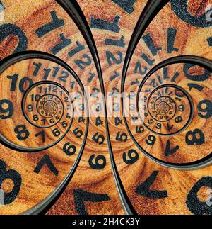 Resumen del tiempo tema de fondo hecho de las caras de reloj de madera retorcida. El concepto de líneas de tiempo paralelas.