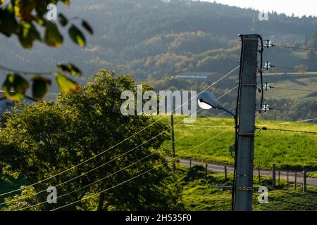 Líneas eléctricas en la naturaleza, Auvernia Ródano Alpes, Francia Foto de stock