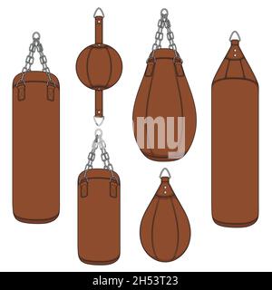 Juego de ilustraciones en color con una bolsa perforadora marrón, peras de boxeo. Objetos vectoriales aislados sobre fondo blanco. Ilustración del Vector