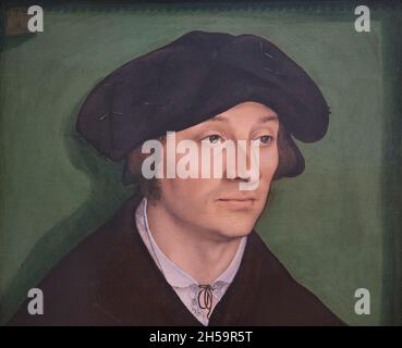 Una pintura al óleo sobre un panel con fondo verde titulada Retrato de un hombre del artista alemán Lucas Cranach el Viejo. En la Galería Nacional de Arte i Foto de stock
