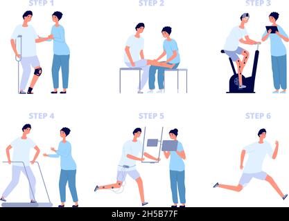 Rehabilitación, tratamiento fisioterapéutico de personas con lesiones,  discapacidad, ilustración de vector plano Imagen Vector de stock - Alamy