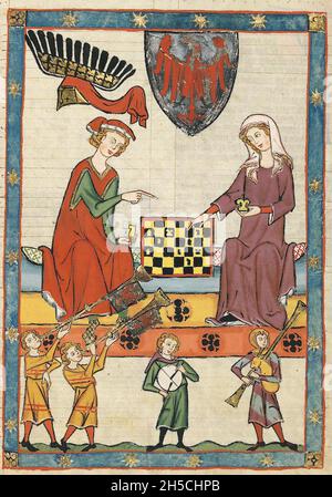 CODEX MANESSE Un manuscrito alemán de principios a mediados del siglo 14th que contiene canciones e ilustrando vida medieval.Un juego de ajedrez. Foto de stock