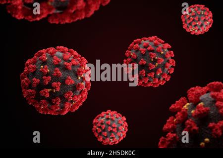 Visualización del virus SARS-CoV-2 (COVID19). Ilustración de un patógeno de coronavirus que flota en un ambiente celular. Examen microscópico Foto de stock