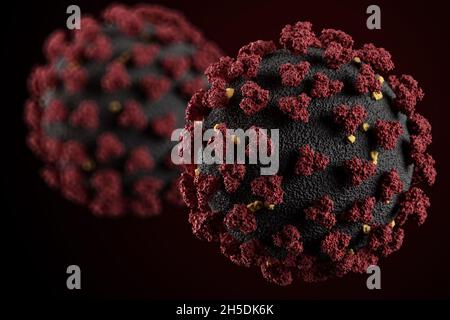 Visualización del virus SARS-CoV-2 (COVID19). Ilustración de un patógeno de coronavirus que flota en un ambiente celular. Examen microscópico Foto de stock