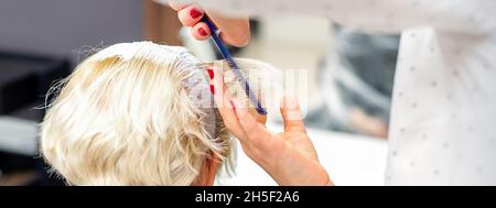 Peluquero femenino peinando pelo corto blanco de la joven rubia con las manos y peine en un salón de belleza Foto de stock