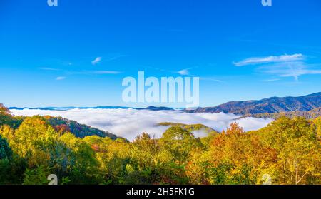 Nubes en el valle de la recién encontrada Gap Road en el Parque Nacional Great Smoky Mountains en Carolina del Norte Foto de stock