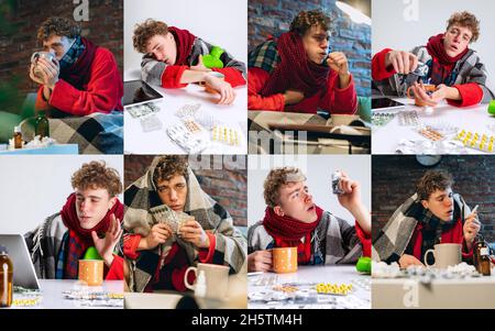 Collage de retratos de un joven enfermo que sufre de resfriado y gripe en el aislamiento de sí mismo en casa Foto de stock