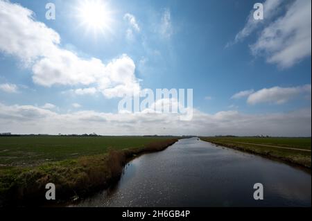 Paisaje holandés, polders y canales de agua en Zeeland, Países Bajos en el día soleado