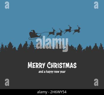 Tarjeta navideña con silueta de Papá Noel en trineo tirado por renos sobre árboles forestales, ilustración vectorial Ilustración del Vector