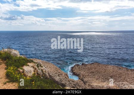 Seascape in Cyprus Ayia Napa, Cape Greco peninsula, picturesque view of Mediterranean Sea, Kavo Greco, national forest park