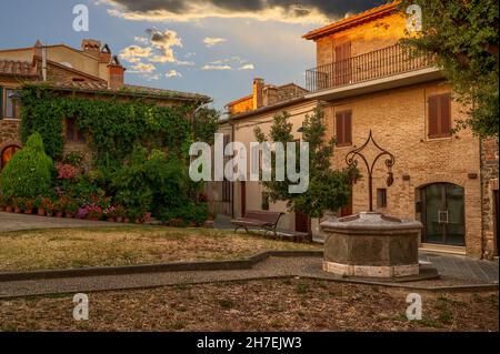 Montalcino, Toscana, Italia. Agosto de 2020. El antiguo pozo en la cima de la colina donde se encuentra el centro histórico. Está situado en un jardín, en t Foto de stock