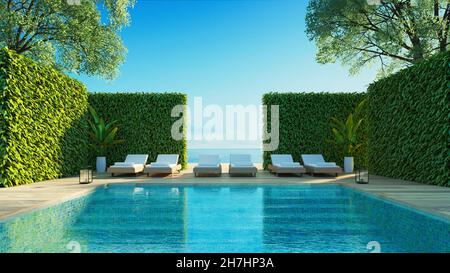 Villa de lujo con piscina y vistas al mar en la playa - 3D renderizado Foto de stock