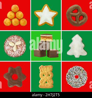 Varios pasteles de Navidad y dulces sobre fondo verde rojo Foto de stock