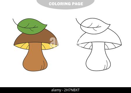  Página para colorear sencilla. Lindo hongo comestible en estilo de dibujos animados. Ilustración vectorial dibujada a mano para colorear páginas. Versión en color y blanco y negro Imagen Vector de stock -