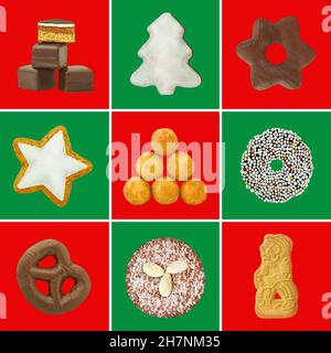 Varios pasteles de Navidad y dulces sobre fondo verde rojo Foto de stock