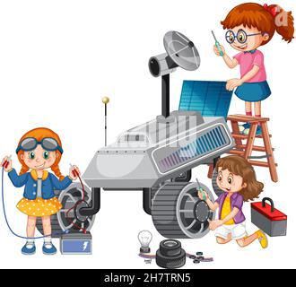 Niños fijando el satélite juntos sobre una ilustración de fondo blanco Ilustración del Vector