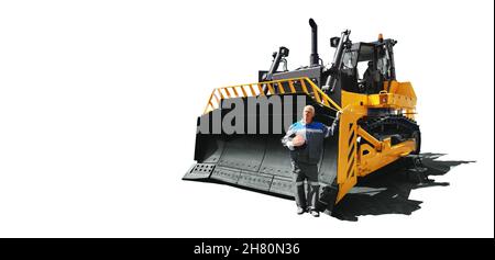 Bulldozer amarillo con driver sobre fondo blanco aislado, máquinas industriales para minerales.