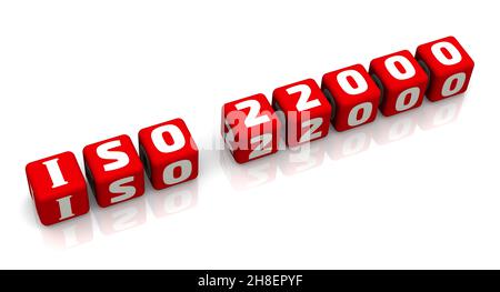 Abreviatura ISO 22000 (es un estándar desarrollado por tratar la seguridad alimentaria) está hecho de cubos rojos dispuestos en una fila sobre una superficie blanca. 3D Ilustrado
