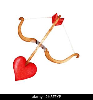 Acuarela Arco y flecha de Cupido con una punta en forma de corazón aislado sobre un fondo blanco. Concepto de amor. Elemento de diseño para el día de San Valentín o. Foto de stock