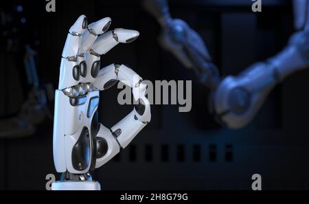 Cyber mano, brazo robótico mostrando - OK, signo positivo. Ilustración 3D