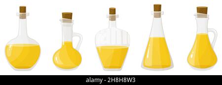Juego de aceite en botellas de vidrio aisladas sobre blanco. Ilustración vectorial en estilo plano. Producto de aceite virgen orgánico sano. Aceite de semillas. Ilustración del Vector