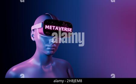 Primer plano de una chica con gafas VR y signo iluminado con la palabra METAVERSE. Concepto futurista de videojuegos, NFT, VR y cripto. 3d renderizado