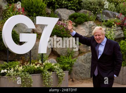 CARBIS BAY, CORNWALL, INGLATERRA, Reino Unido - 09 de junio de 2021 - Primer Ministro británico Boris Johnson - Cornwall Visita antes de G7. Cornwall, Inglaterra, Reino Unido, por delante