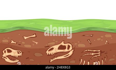 Huesos paleontológicos. Arqueología, esqueleto de dinosaurio subterráneo y cráneo. Ilustración de vectores fósiles en capas terrestres