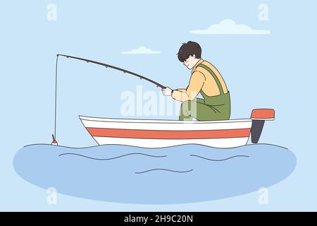 El niño está sentado en un bote con un carrete de hilo de pescar en las  manos, un cebo y un anzuelo están listos en el hilo de pescar, se está  preparando