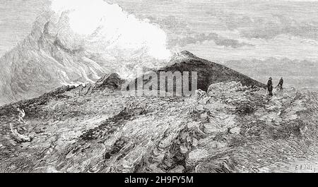 Erupción del Vesubio en mayo de 1885, Italia. Antigua ilustración del siglo 19th grabada de La Nature 1885 Foto de stock