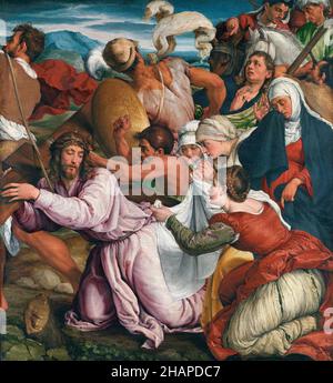 El camino al Calvario por Jacopo Bassano (1510-1592), óleo sobre lienzo, c. 1544/5 Foto de stock