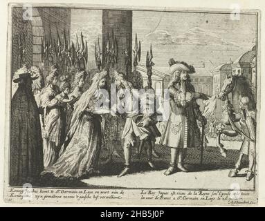 James II llega a Saint-Germain-en-Laye, 1690 años, el rey James llega a St. Germain. Germain en Laye y es recibido por la Reina y su esposa junto con toda la corte (título en objeto), escenario en inglés que representa los principales eventos en Yrland desde el año 1690 hasta la campaña del Rey Mayo: Mayestry of Great Britain 1691 (título de la serie sobre el objeto), el rey fugitivo James II llega al castillo Château de Saint-Germain-en-Laye donde es recibido por la reina María de Módena con su hijo el príncipe de Gales, julio de 1690. Placa N º 10 en la serie 'Engelants schouwtoneel' sobre la guerra entre William Foto de stock