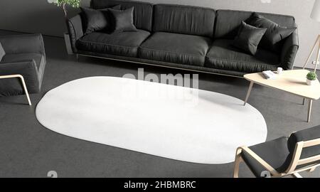 Alfombra ovalada blanca en blanco en la maqueta de la habitación, vista lateral Foto de stock