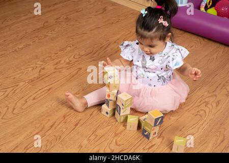 niña de 17 meses haciendo torre de bloques de madera Foto de stock