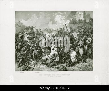 Litografía alemana de la época de la guerra franco-prusiana (1870-1871): El asalto de Weissenburg el 4th de agosto de 1870. 1872