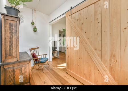 Sala de estar moderna con una puerta corredera blanca y granero Una hermosa  planta en macetas llamada Ave del paraíso (Strelitzia reginae Fotografía de  stock - Alamy