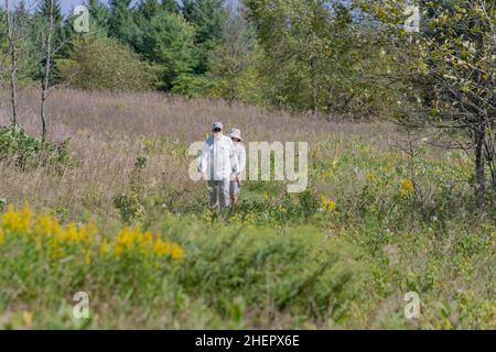 Una pareja de ancianos se hace un ejercicio saludable mientras explora una reserva natural cerca de Baileys Harbor en Door County Wisconsin en un cálido día de otoño. Foto de stock