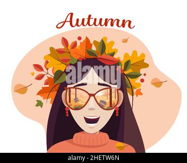 Chica linda con hojas de otoño en el cabello y gafas de sol que reflejan el parque de otoño. Ilustración vectorial.