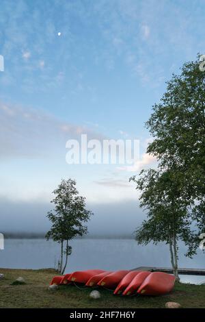SUECIA, Varmland, mañana humor en el lago Övre Brocken, niebla, luna Foto de stock