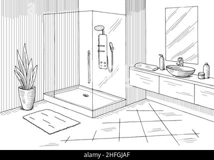 Cuarto de baño gráfico hogar interior negro blanco dibujo ilustración vector Ilustración del Vector