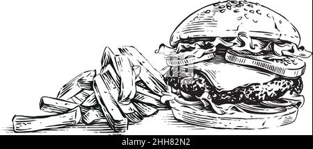 hamburguesa y patatas fritas dibujo a mano dibujo dibujo dibujo grabado estilo ilustración Ilustración del Vector