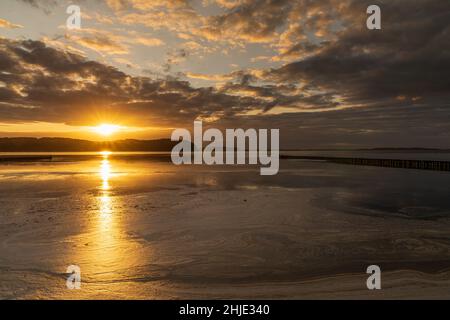 Puesta de sol sobre la costa de Jasmuder Bodden en Lietzow, Mecklemburgo-Pomerania Occidental, Alemania