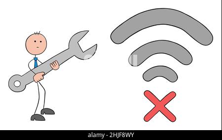  El hombre de negocios de stickman está intentando arreglar la señal wifi con un error de conexión. Dibujo dibujado a mano del vector de dibujos animados Imagen Vector de stock