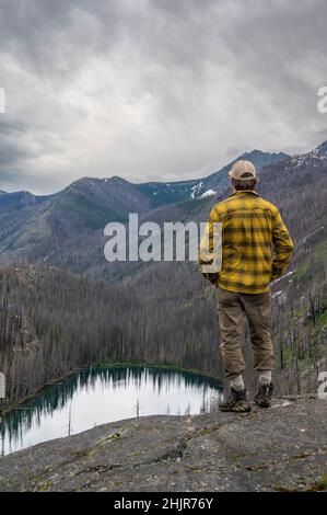 Male está sobre un lago alpino rodeado de árboles quemados Foto de stock