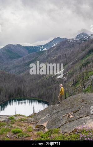 Male está en una repisa sobre un lago alpino rodeado de árboles quemados Foto de stock